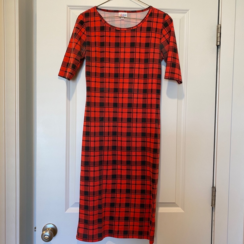 LulaRoe Red Plaid Pencil Dress S